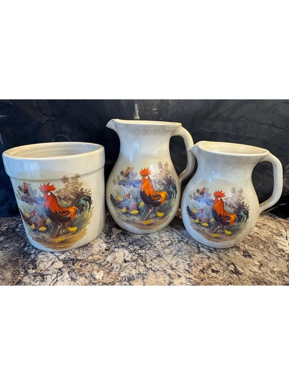 Vintage Shaker & Thangs Pottery Rooster Pitcher and Crock Set